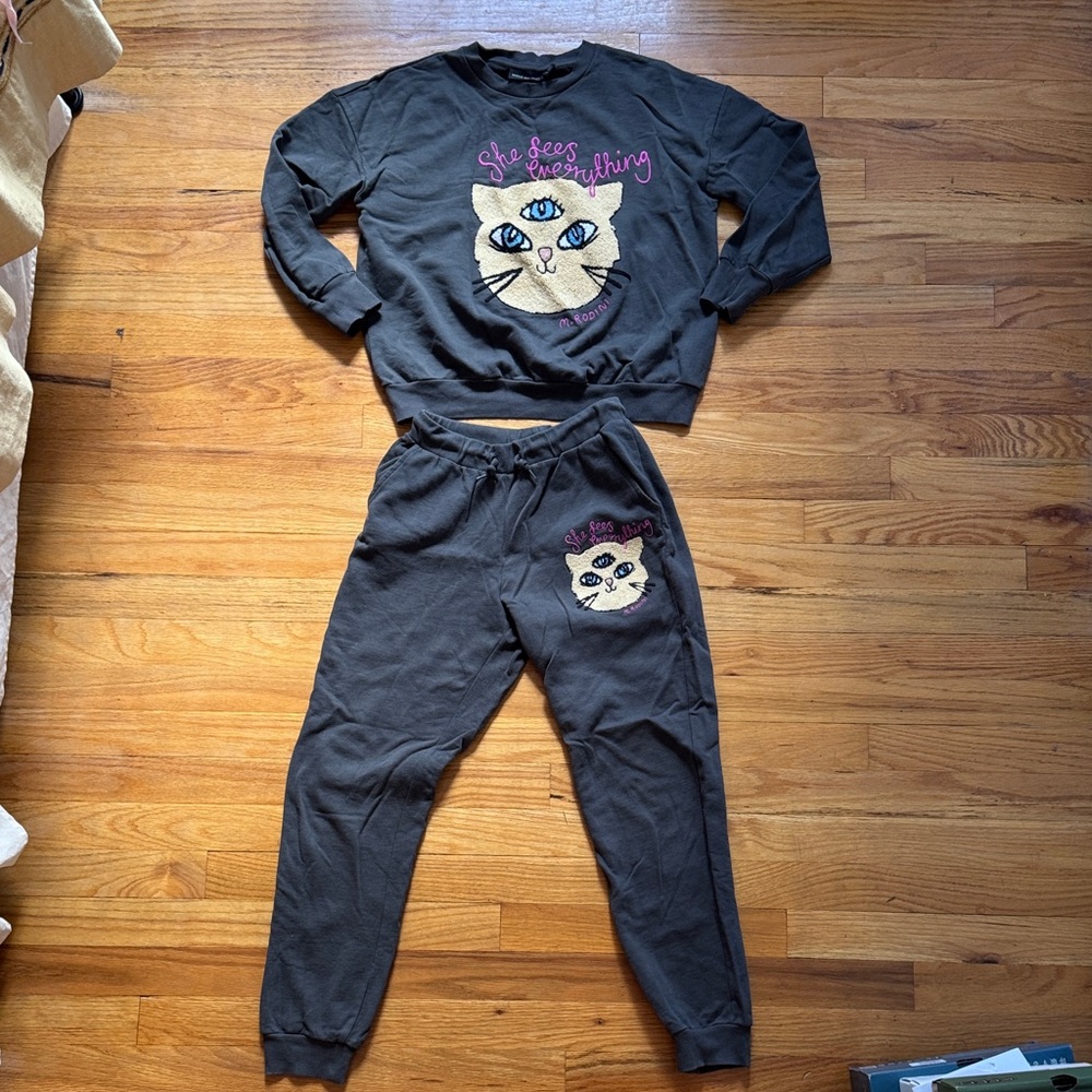 Mini Rodini Cat Print Sweatshirt and Joggers - Dark Gray